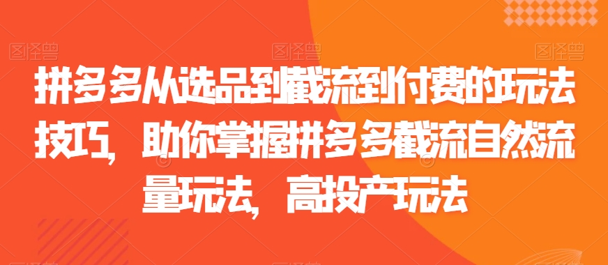 拼多多从选品到截流到付费的玩法技巧，助你掌握拼多多截流自然流量玩法，高投产玩法九峰网创-分享创业资讯-最新网络创业项目-分享最新赚钱项目九峰网创