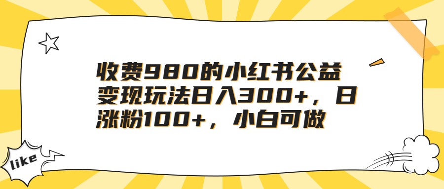 收费980的小红书公益变现玩法日入300+，日涨粉100+，小白可做九峰网创-分享创业资讯-最新网络创业项目-分享最新赚钱项目九峰网创