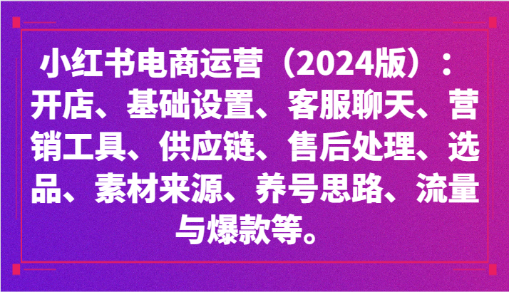 小红书电商运营（2024版）：开店、设置、供应链、选品、素材、养号、流量与爆款等九峰网创-分享创业资讯-最新网络创业项目-分享最新赚钱项目九峰网创