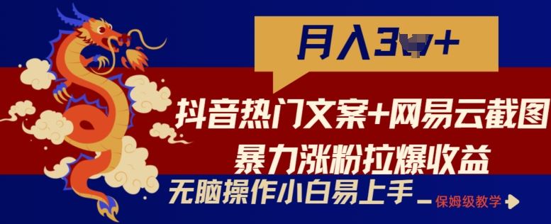 抖音热门文案+网易云截图暴力涨粉拉爆收益玩法，小白无脑操作，简单易上手【揭秘】九峰网创-分享创业资讯-最新网络创业项目-分享最新赚钱项目九峰网创