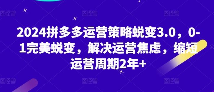 2024拼多多运营策略蜕变3.0，0-1完美蜕变，解决运营焦虑，缩短运营周期2年+九峰网创-分享创业资讯-最新网络创业项目-分享最新赚钱项目九峰网创